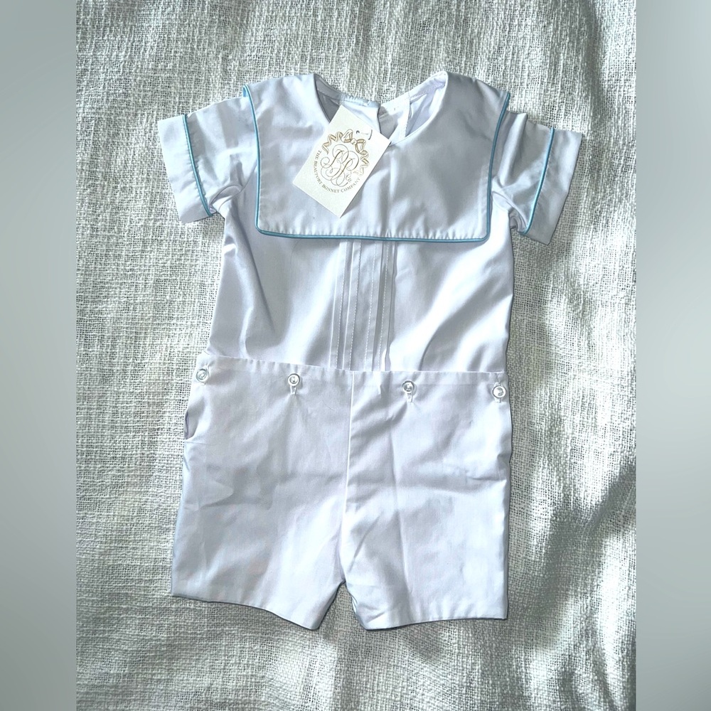 NWT- Beaufort Bonnet - Beauregard Worth Avenue White w Buckhead Blue - 6/12M